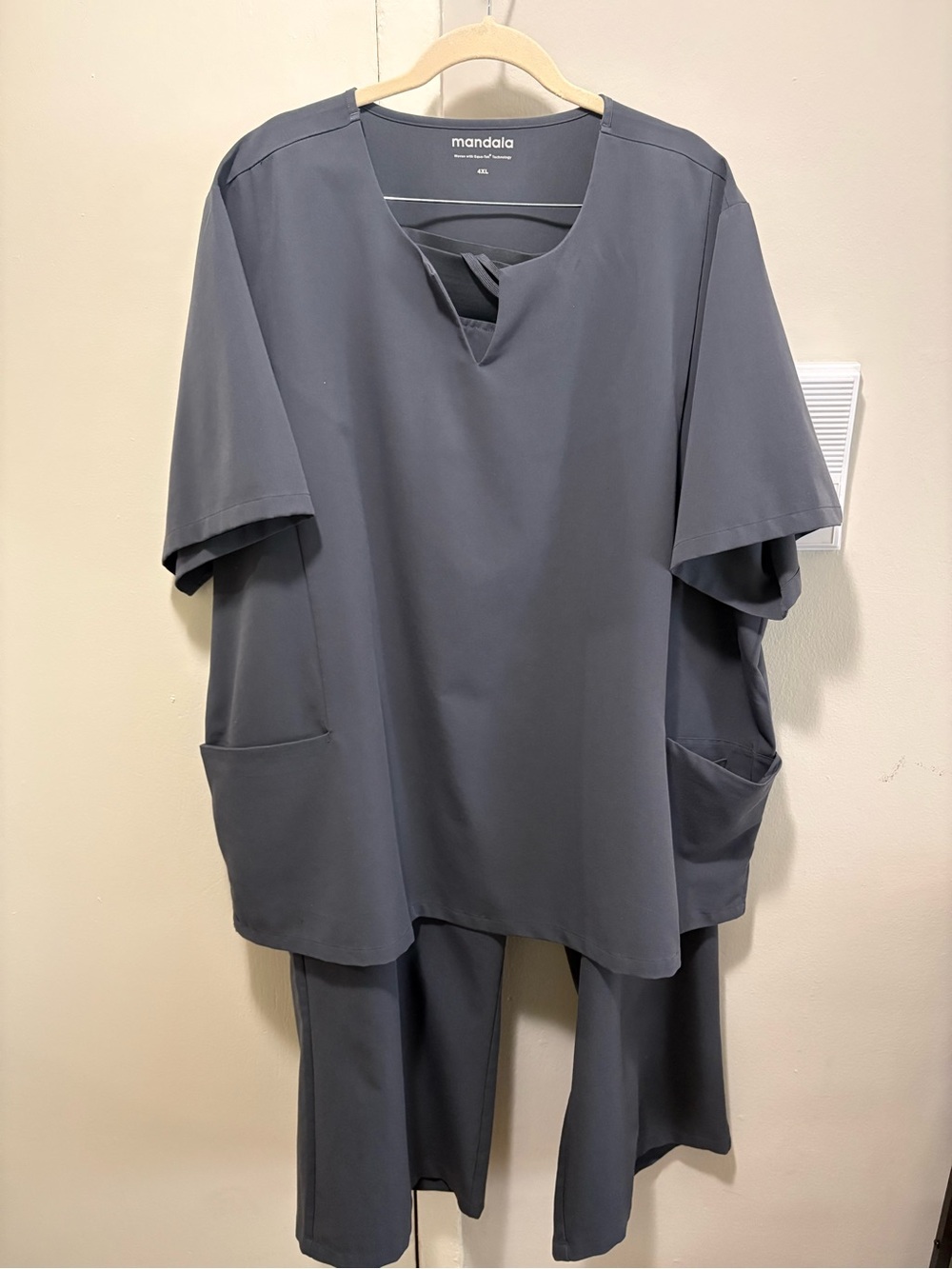 Mandala scrubs set 4X notch collar top, 3X petite wide leg high waisted bottom
